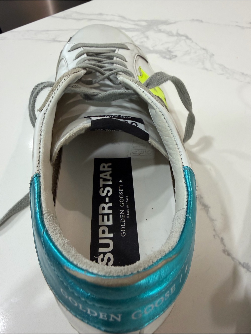 Golden Goose Deluxe Superstar Sneakers w/ Neon Yellow Star & Metallic Teal Heel - Picture 6 of 10